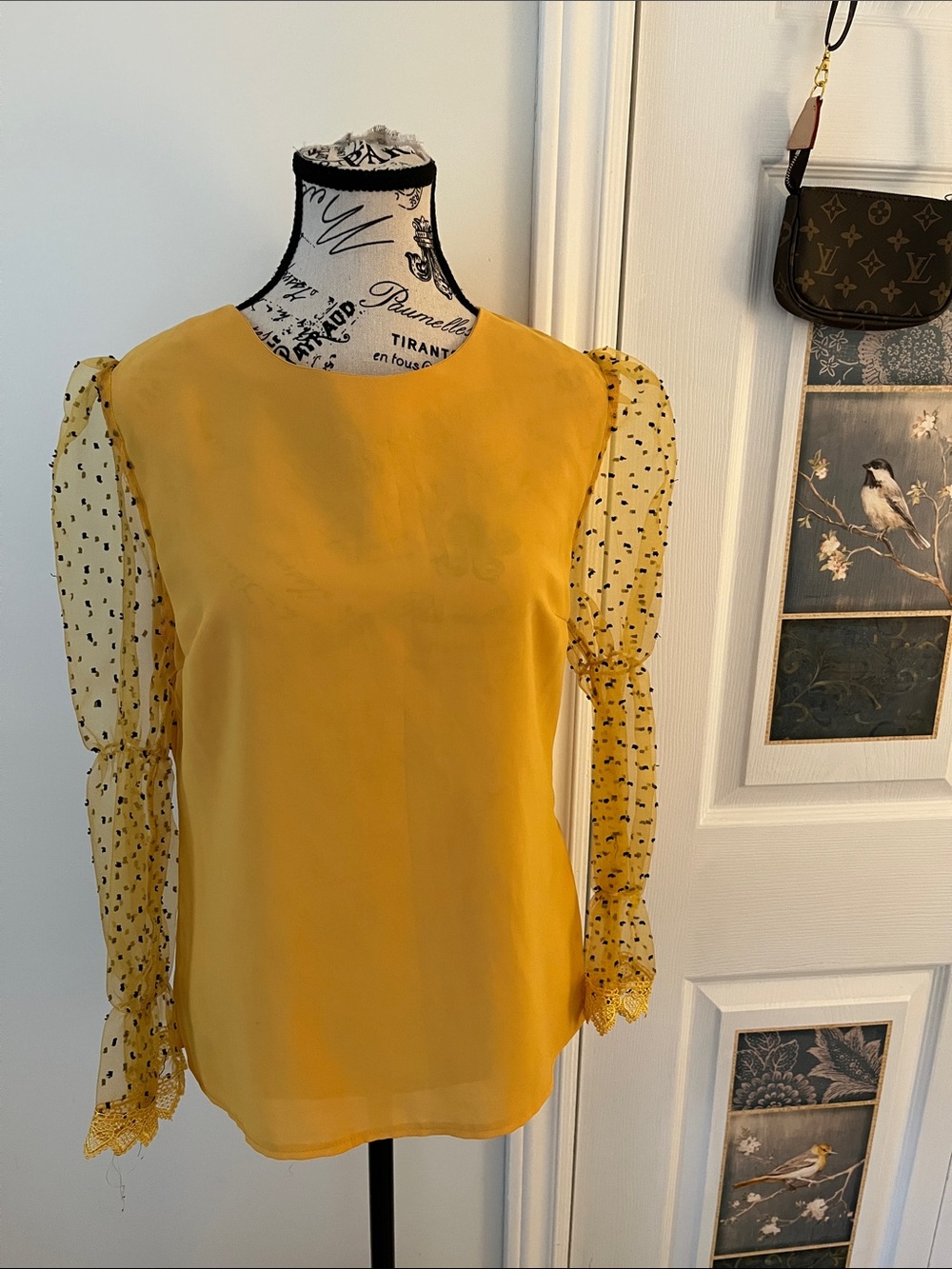 😃Sunny Yellow Sheer Sleeve Blouse with Dot Detail